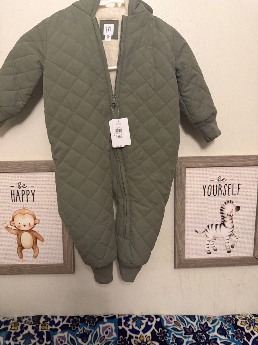 GAP Quilted Olive Green Hooded Baby One-Piece Footie